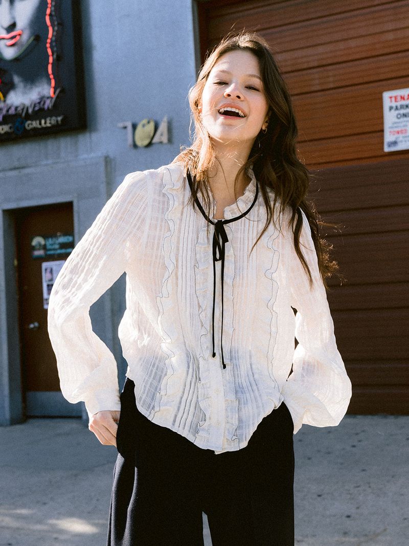 Frill Shirring Ribbon Blouse