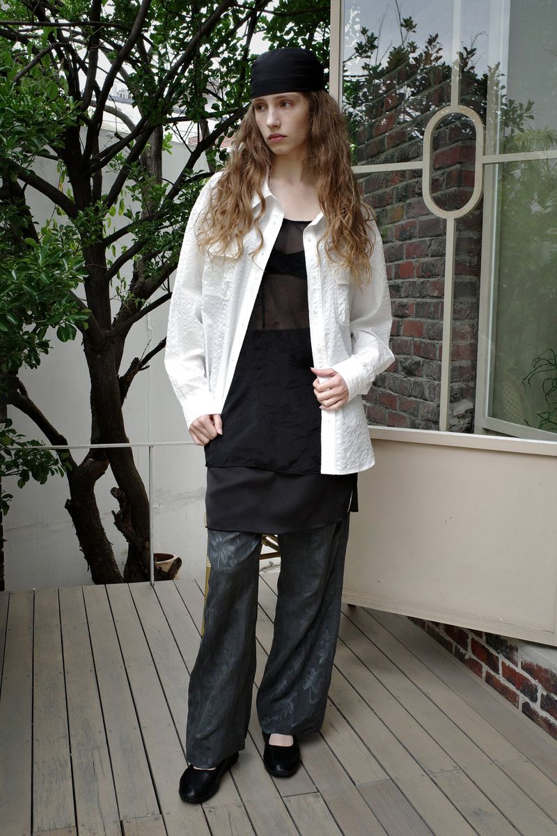 リネンレーヨンジャガードパンツ, チャコール