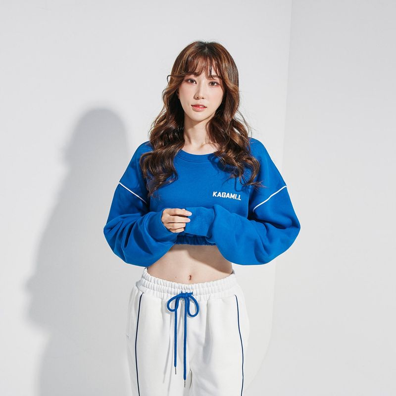 Oversize Line Point Crop Sweat shirt Blue