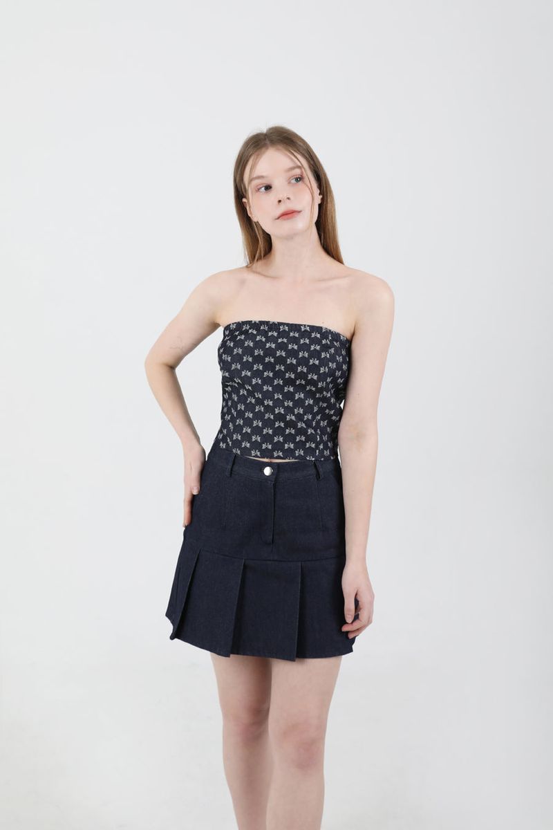 Denim Ribbon Crop Top Dark Blue