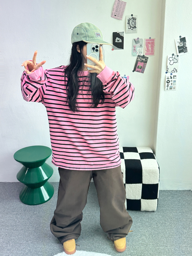 OVERFIT STRIPED ROUND BOX T🩶🖤🩷💙 - 4 COLORS