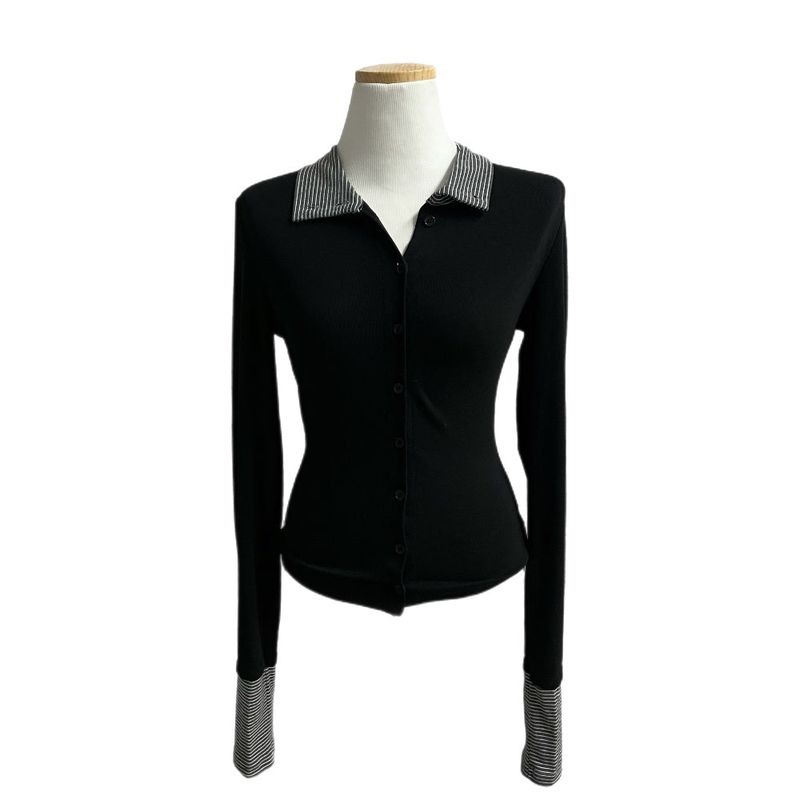 Mono High-neck Button Stripe Contrast Long Sleeve Top