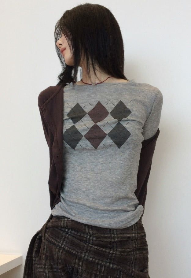 Argyle See-Through Long Sleeve T-Shirt