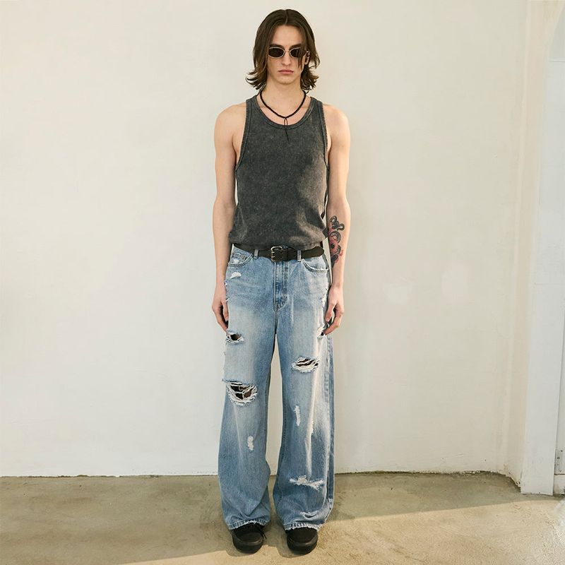 Destroyed Denim Pants Washed Blue