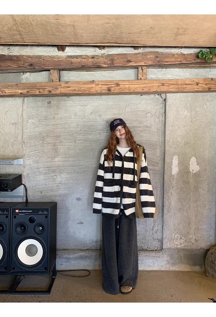 wool knit striped hooded over cardigan