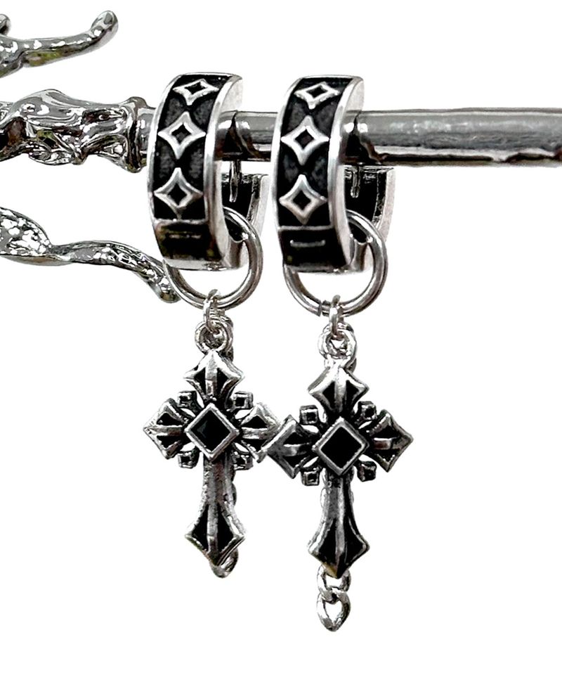 Antique Black Cross Chain One-Touch Earrings