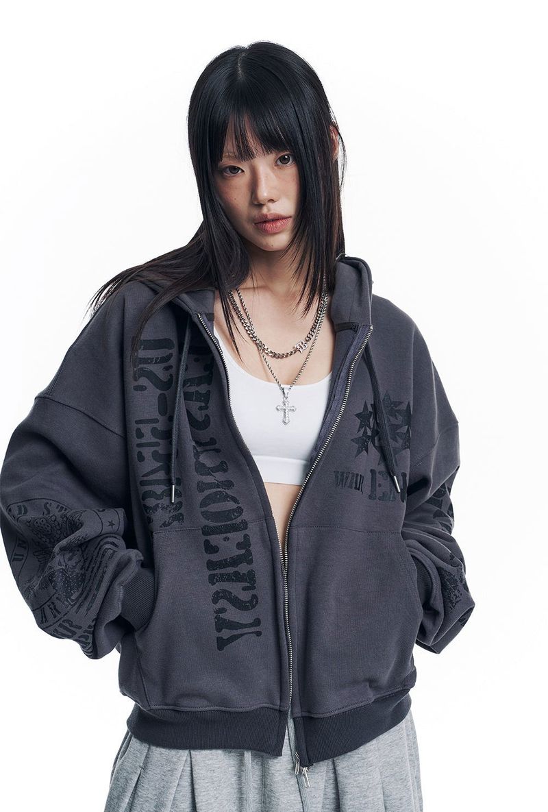 Marine Crack Print Hooded Zip-Up - Charcoal