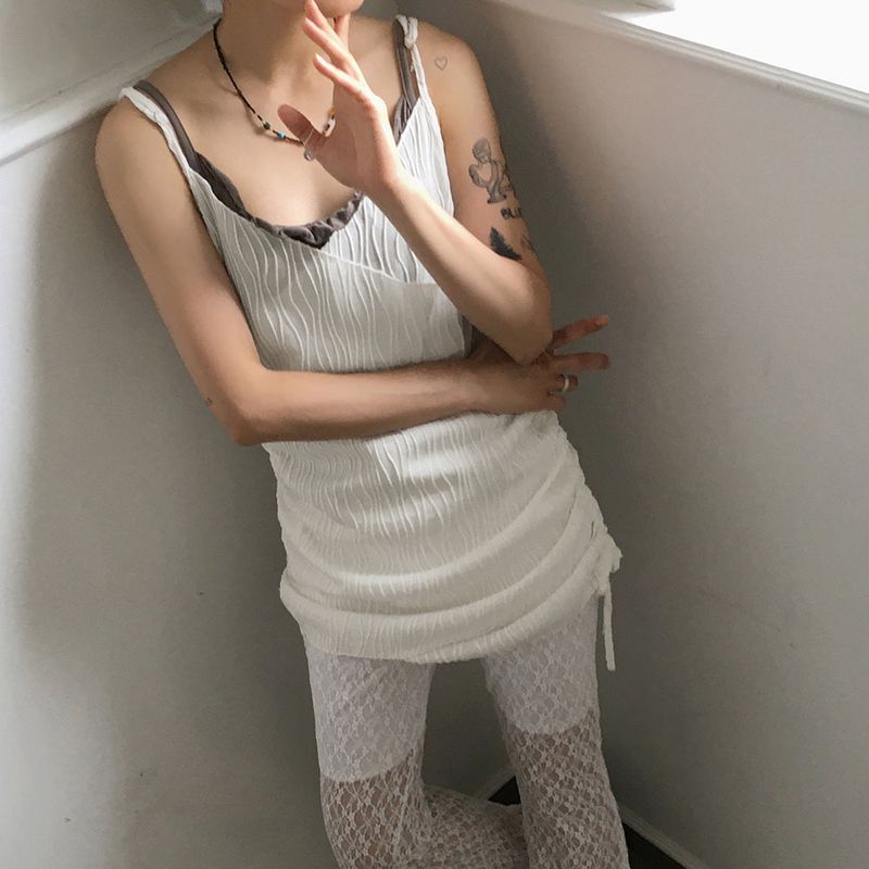 [MADE]  Mark Pleats Wrap Shirring Layered Mini Sleeveless Dress