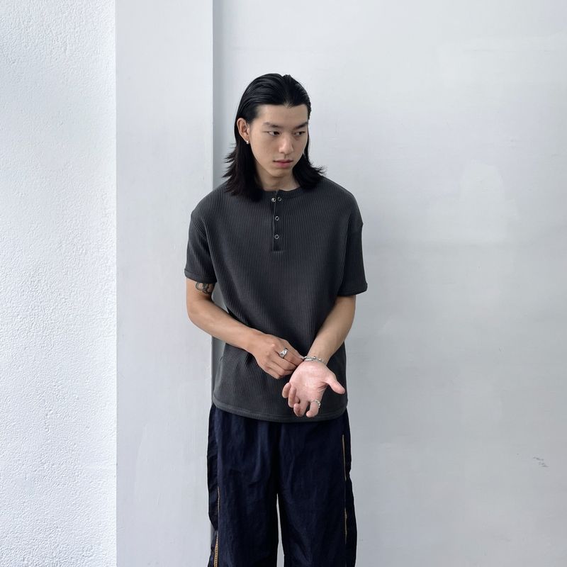 Mineral Grey Button-Neck Tee