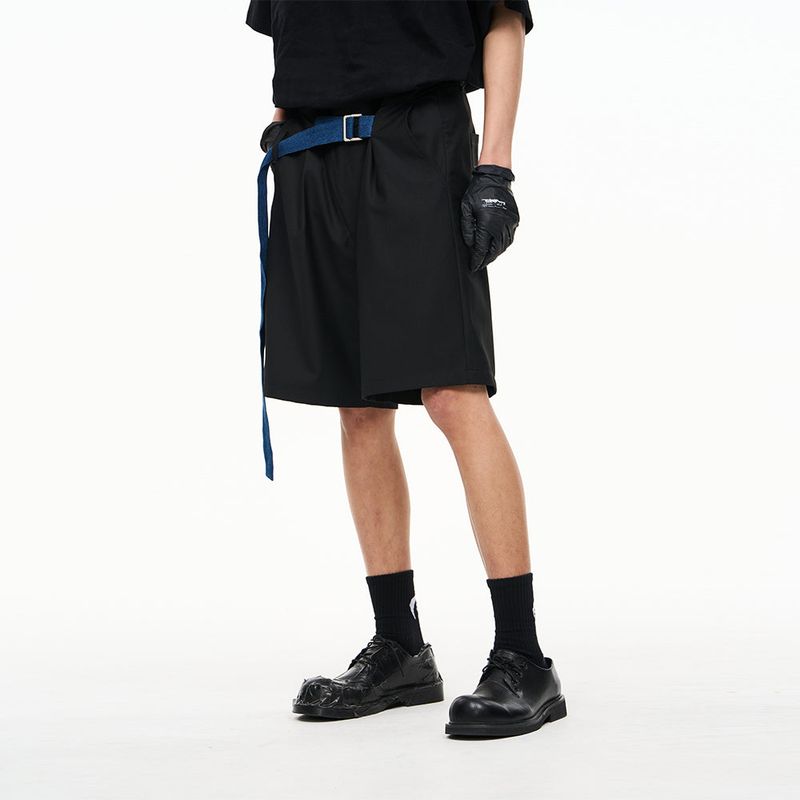 RELABEL Black Crooked Waist Head Adjustable D-Buckle Denim Belt Pleated Suit Shorts