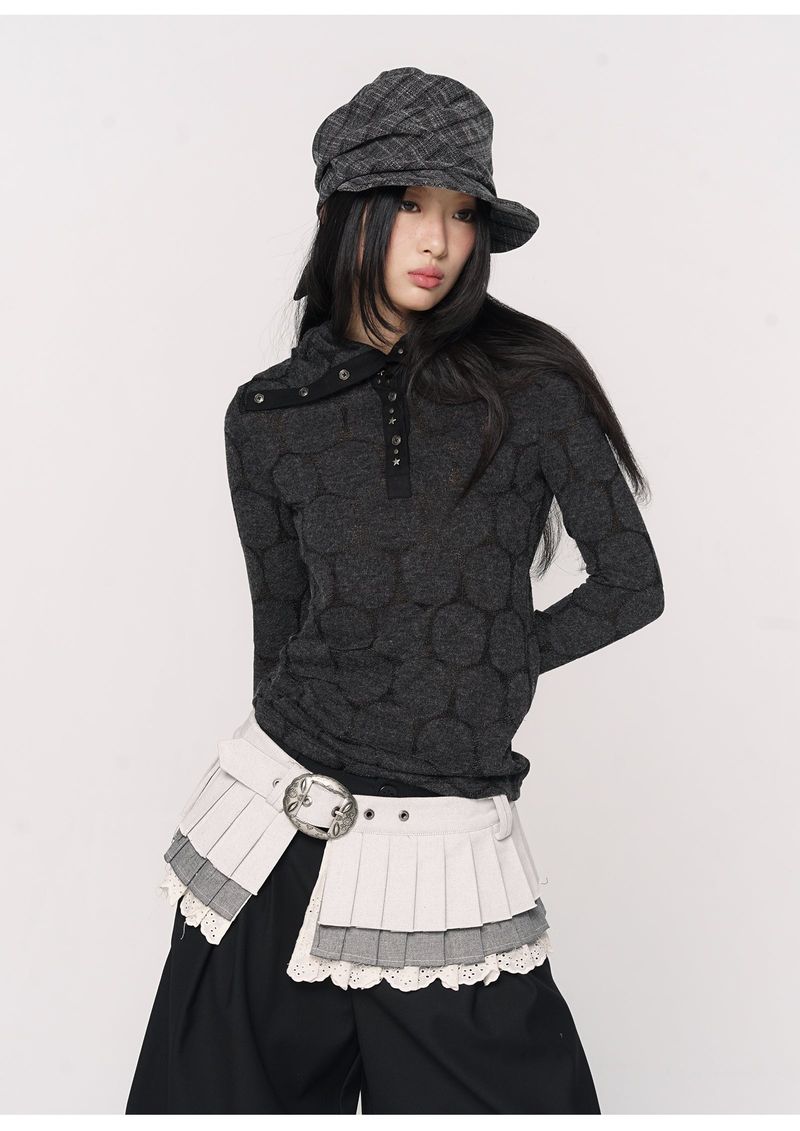 CONFUN Henry rivet patchwork lapel jacquard knitted slim top