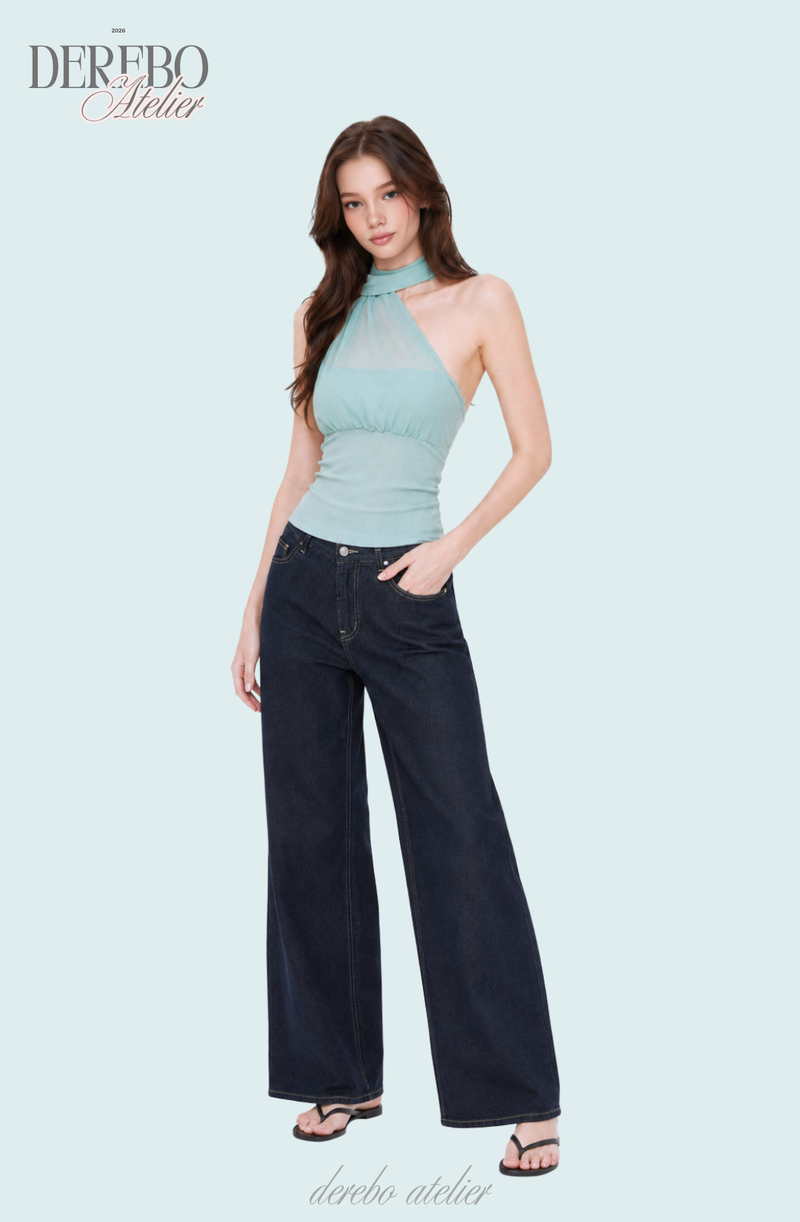 one-shoulder mint chiffon sleeveless top