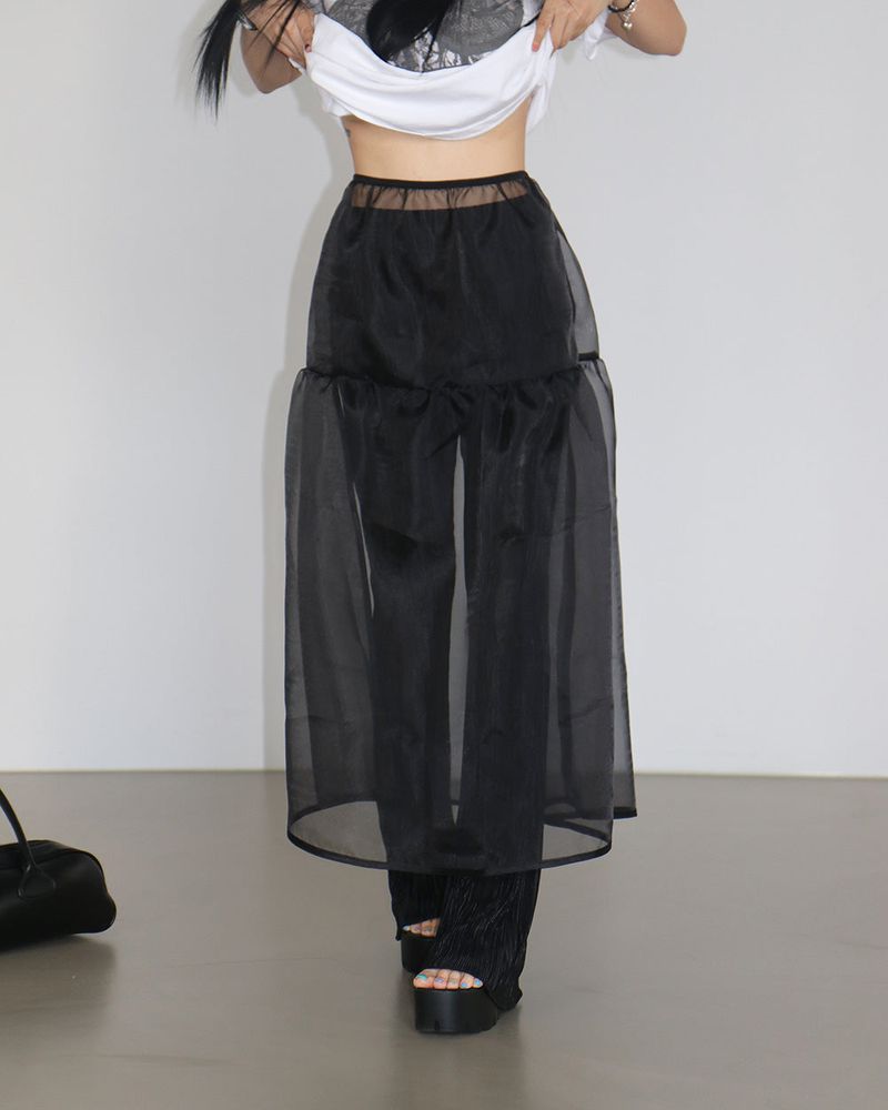 Volume see-through layered long skirt