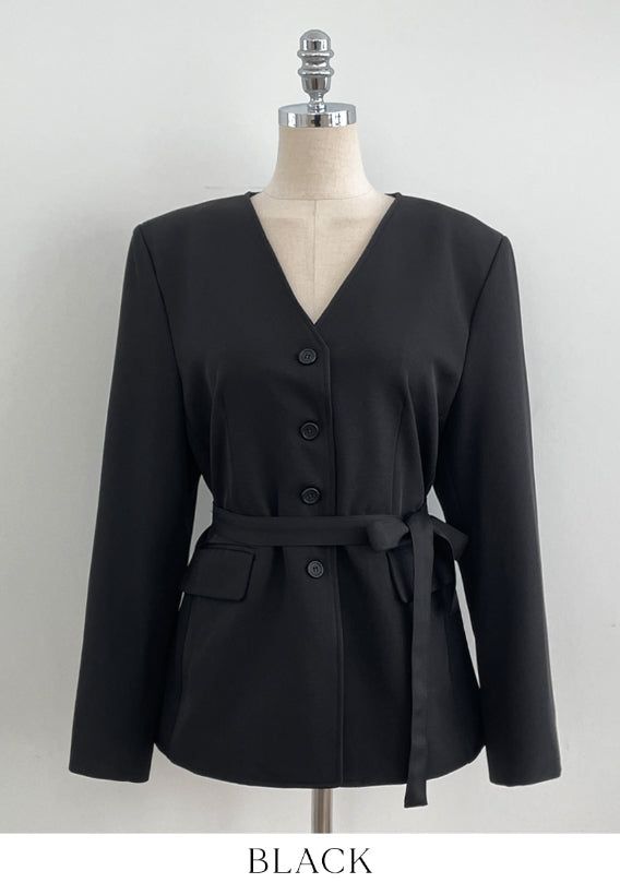 Illy V-neck No Collar Jacket (Belt set)