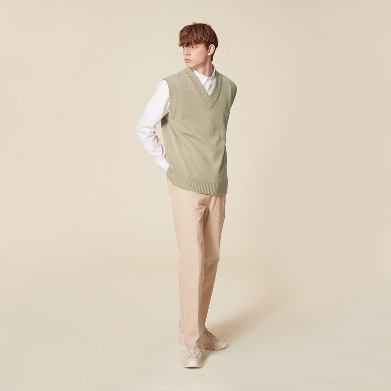 V NECK KNIT VEST_LIGHT KHAKI