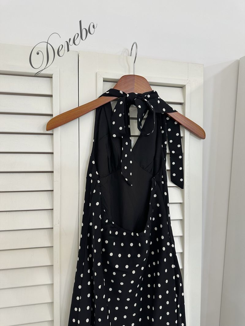 dot halter-neck sleeveless V-neck long dress