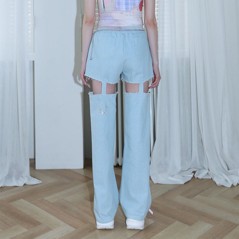 1 1 denim cut out pants - LIGHT BLUE
