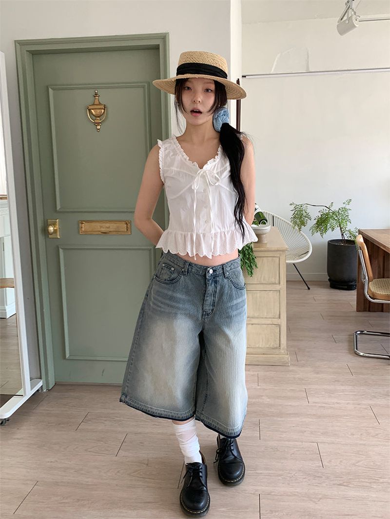 TEXTURE WIDE BERMUDA JEANS