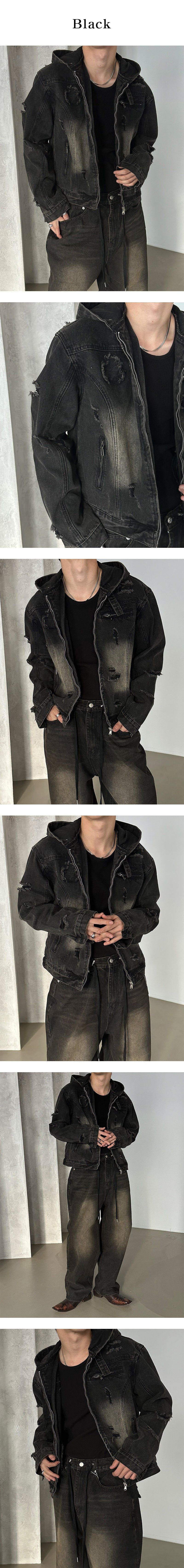 [Unisex] デストロイドデニムフードジャケット(2color)