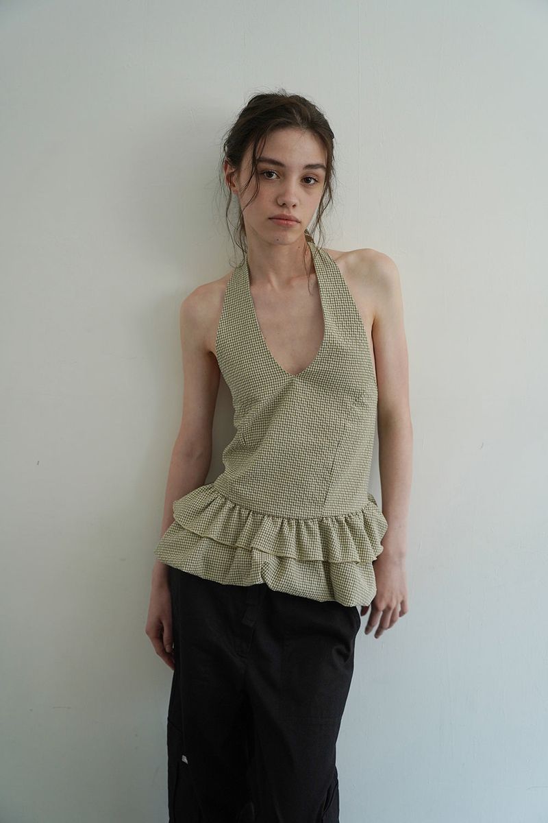 Gingham halter blouse_khaki