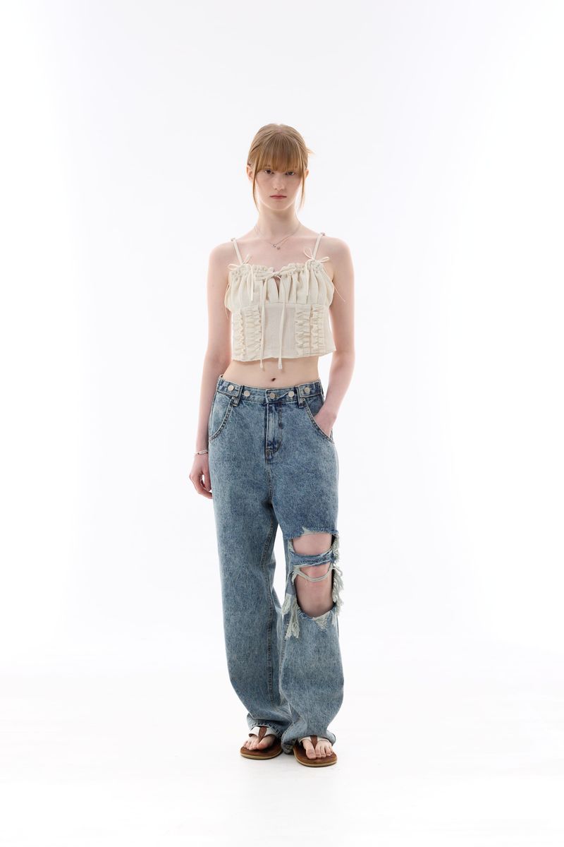 CHARMING DAMAGE WIDE DENIM PANTS