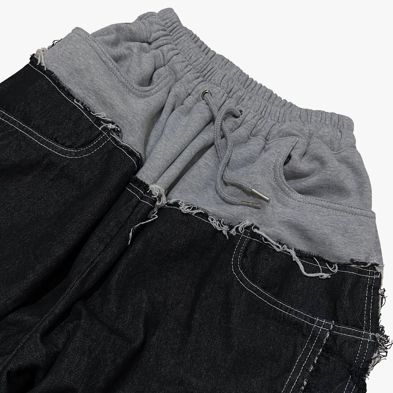 layered deconstructed denim capri shorts_black