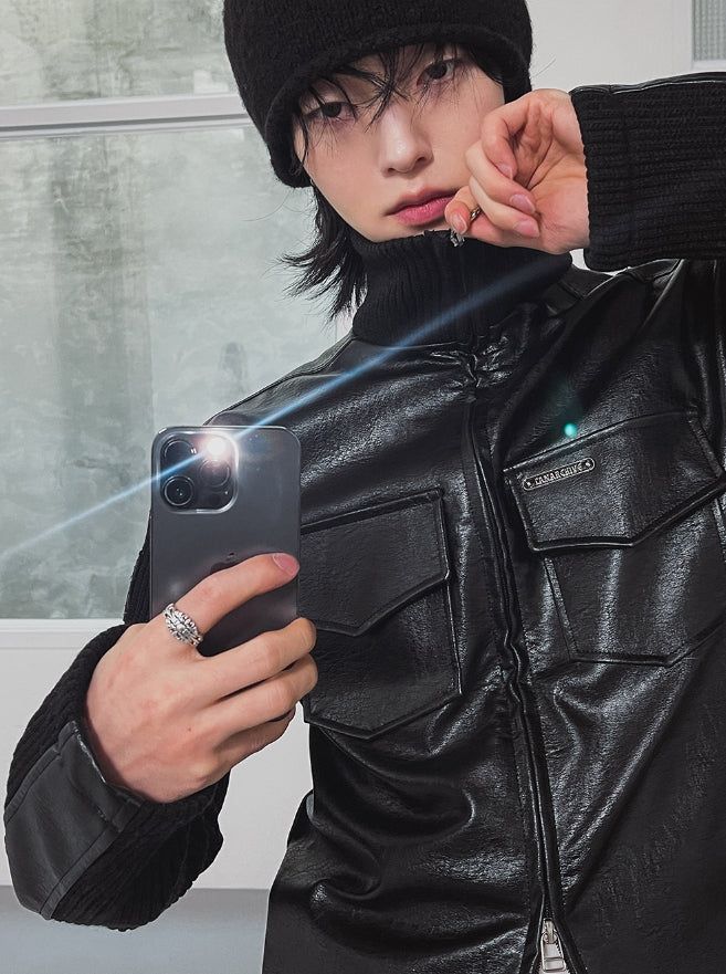 [LANARCH] Amber Leather Pocket Neck Zip-Up