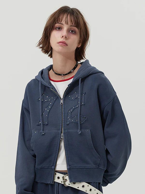 KIRSH（キルシー）の「VINTAGE WASHING STUD POINT CROP HOODIE ZIP UP - DARK NAVY（Tops）」