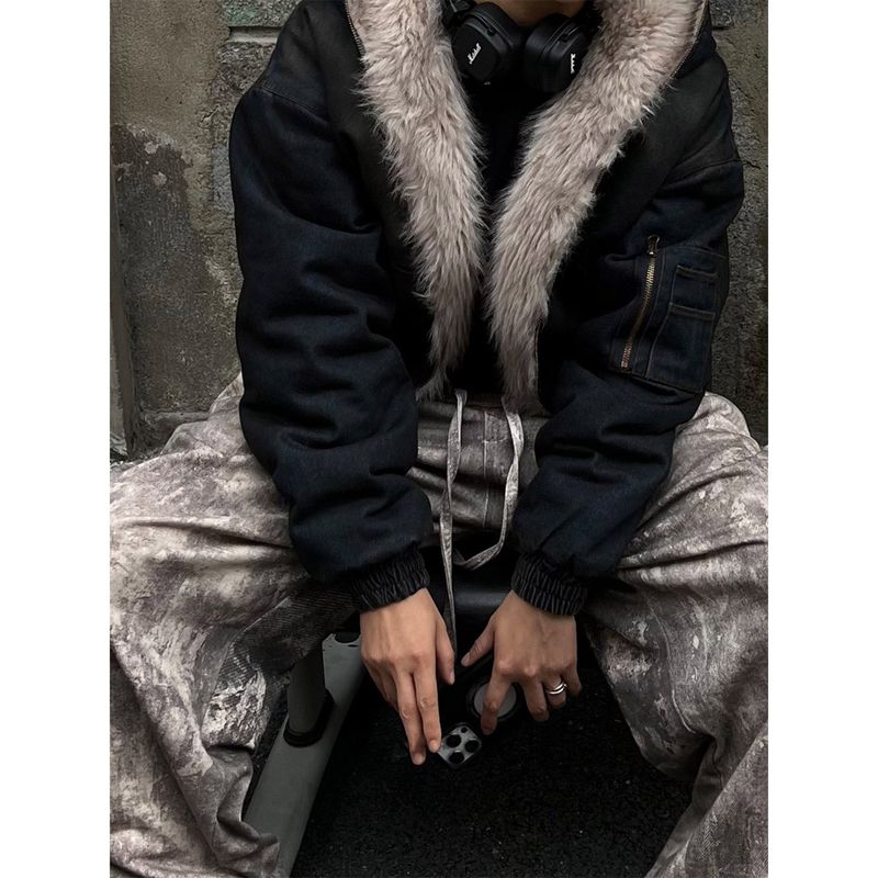 D quilted hooded denim fur cropped padded jacket