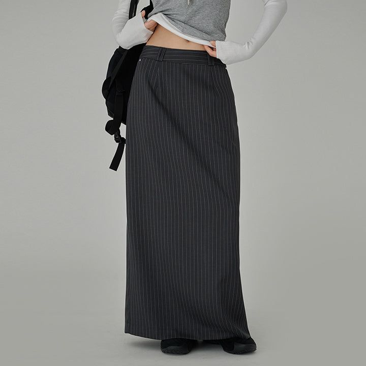 [made/4size] [Soan] Rivet Pintuck Stripe H-Line Slit Long Skirt -3color