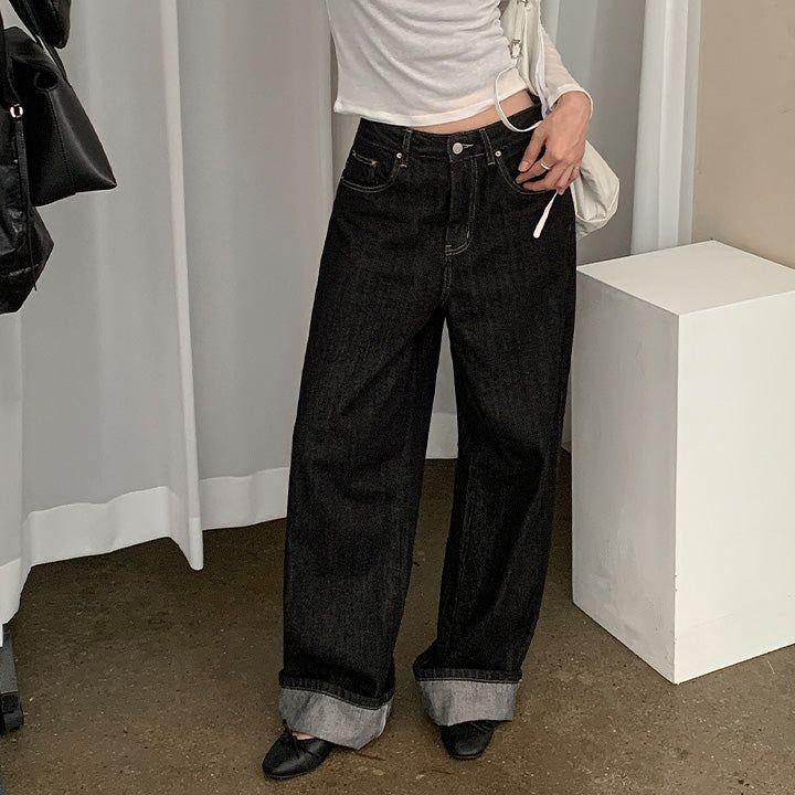 [MADE] [Dafrun] Back Adjuster Hip Pocket Roll-Up Raw Denim Pants - 2 Colors