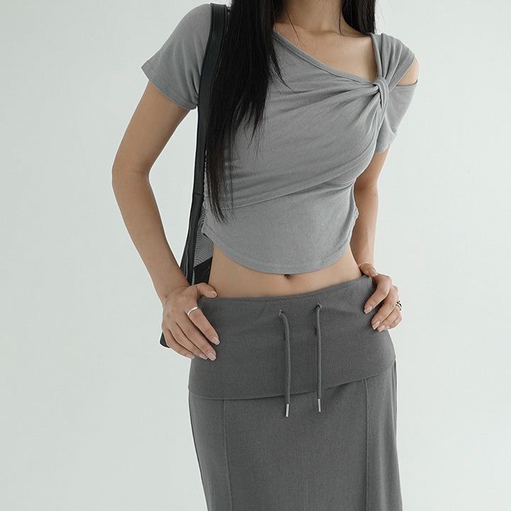 [Setina] Asymmetrical Twist Shirred Crop T-Shirt - 3 Colors