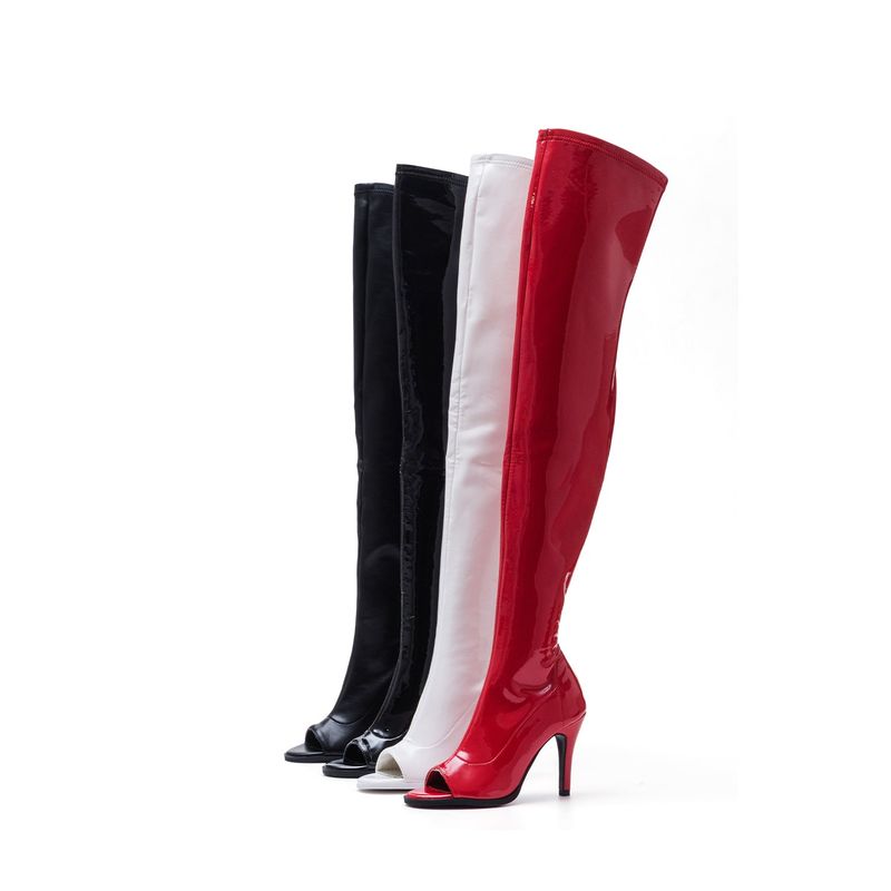 Thigh High Open Toe Heel Boots(Glossy Black)