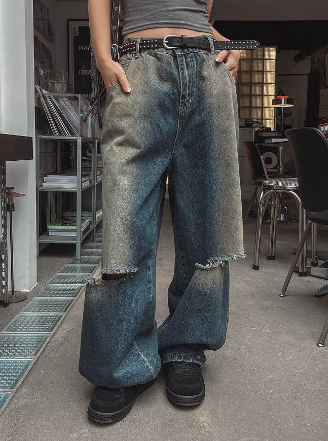 cross damage banding denim pants