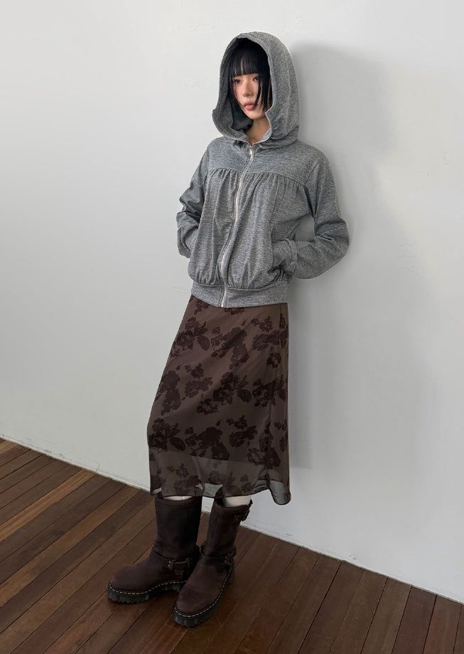 SHIRRING HIGH NECK ZIP-UP