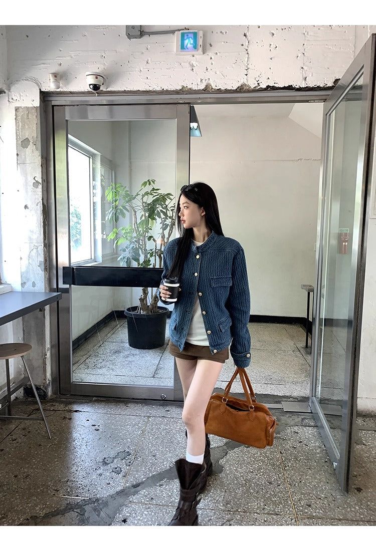 Blue casual gold button denim jacket