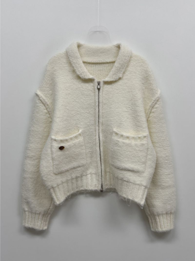 Reverse Two-Way Crop Knit Zip-Up