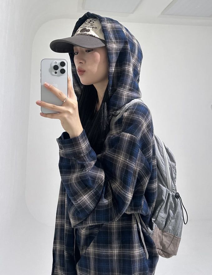 Retro flannel check hood shirt