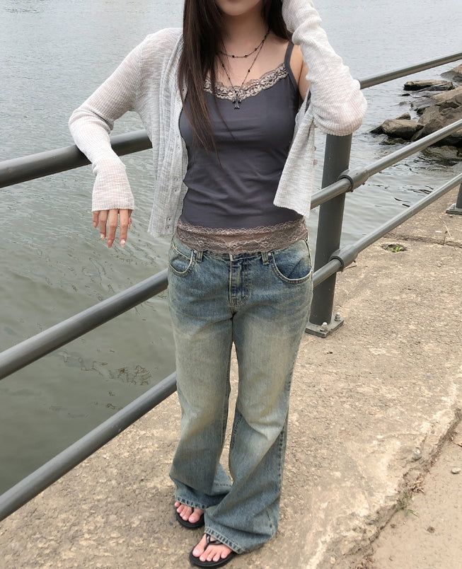 Tier Cat Washed Semi-Bootcut Denim Pants