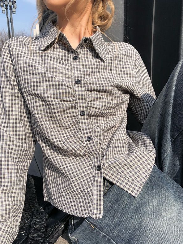 Onser Check Shirring Collar Slim Shirt
