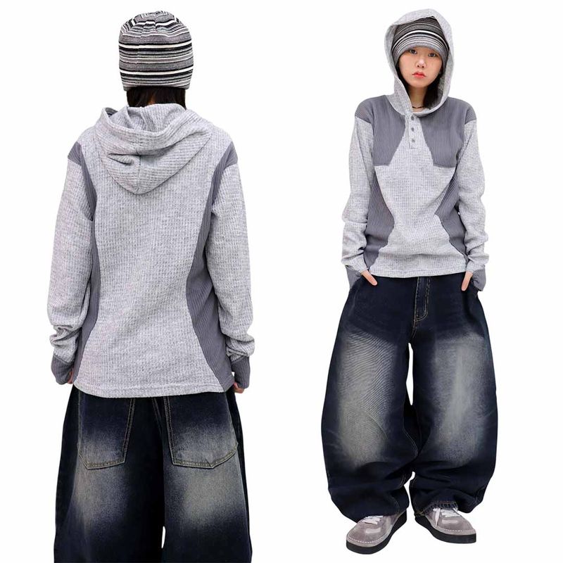 Colorblock Waffle Button Warmer Hoodie