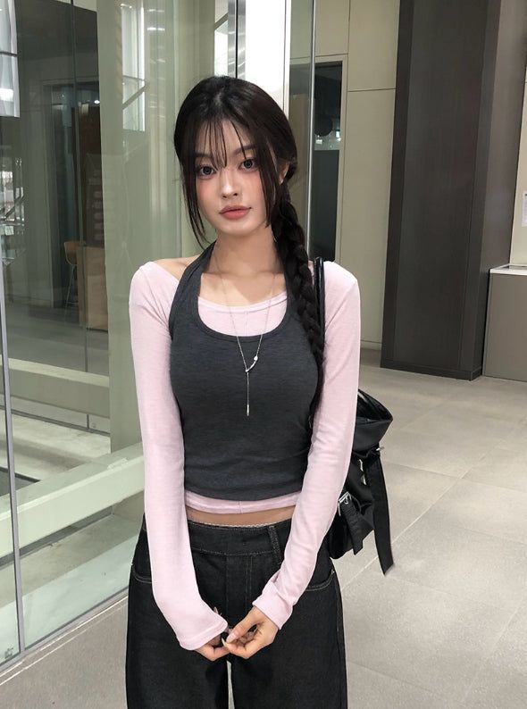 anyonemore（エニーワンモアー）の「Levan Color Matching Halter Sleeveless Cut Long Sleeve T-shirt Set（Tops）」