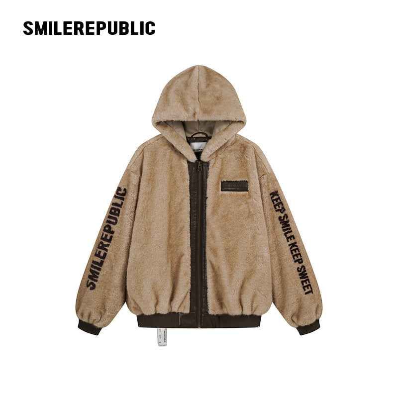 SMILEREPUBLIC（スマイルリパブリック）の「Khaki Polyester Faux Fur Hooded Full Zip Jacket with Graphic Lettering and PU Coated Trim（Jackets/Outerwear）」