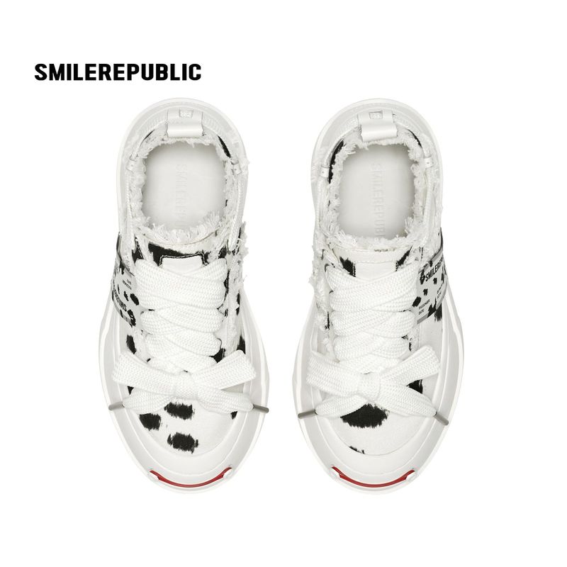 Black and White Spotted Canvas Platform Sneakers with Replaceable Smile Toe Design