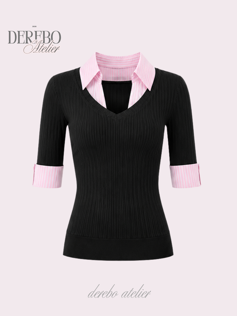 Pink black steady collar V top