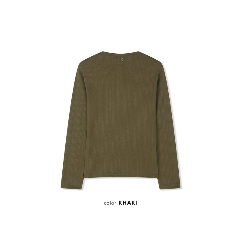 Leather ribbed henry neck long sleeves(Khaki)