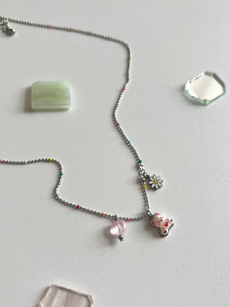 gom kitsch color beads daisy bear layered necklace