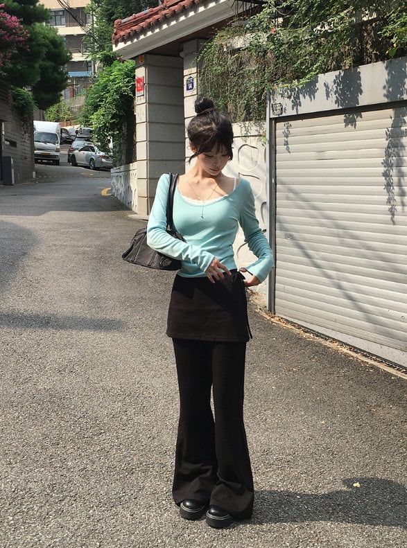 Asin Layered Flare Bootcut Banding Skirt Pants