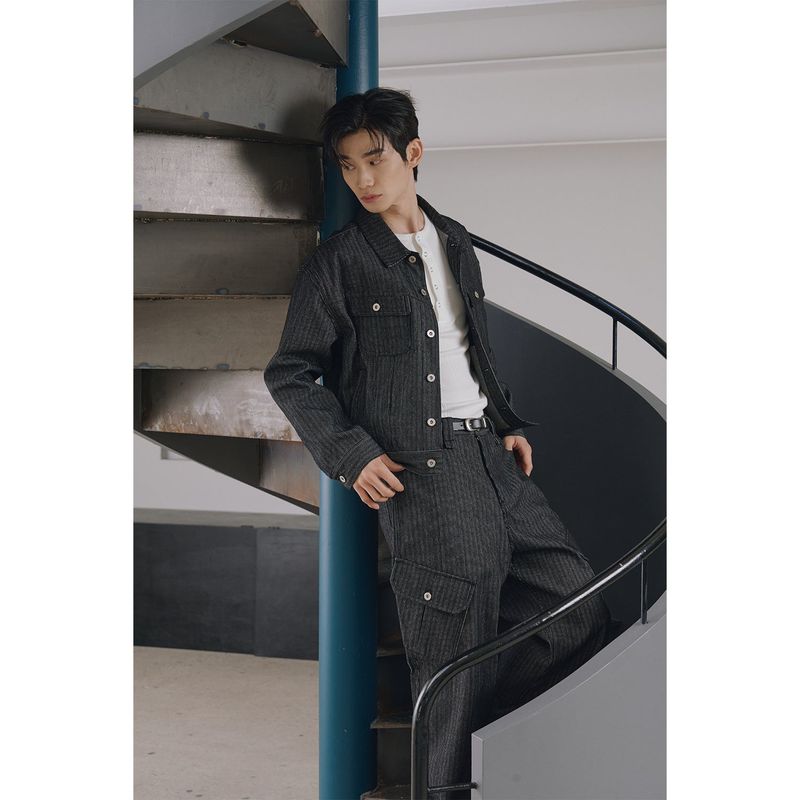 Stripe corduroy trucker denim jacket(Black)