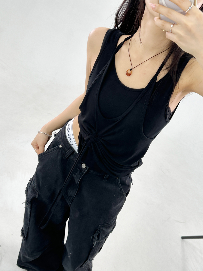 LAYERED SHIRRING POINT SLEEVELESS🤎💚🖤🤍 - 4 COLORS